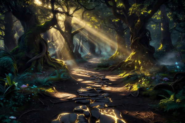 Ancient mystical forest pathway illuminated by golden light representing the FE Slot game narrative
