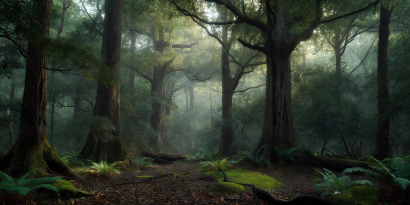 Dense forest with tall trees and soft ambient light representing terms and transparency