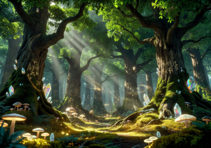 Mystical enchanted forest with sunlight streaming through emerald canopy representing the FE Slot game world
