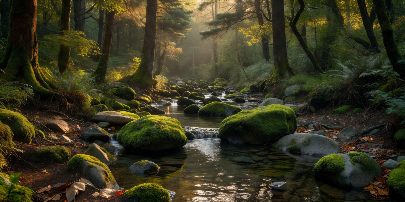 Peaceful forest stream with mossy rocks and soft golden light