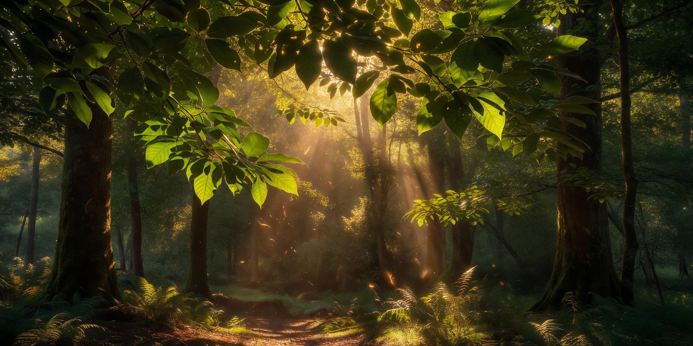 Serene forest canopy with golden sunlight filtering through green leaves